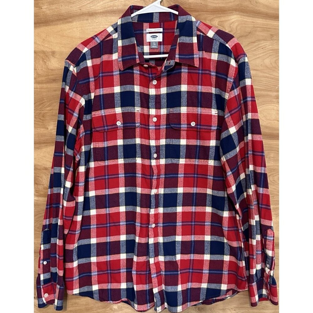 Old Navy Men XL Flannel Button Front Shirt Red Blue Plaid Regular Fit Pocket